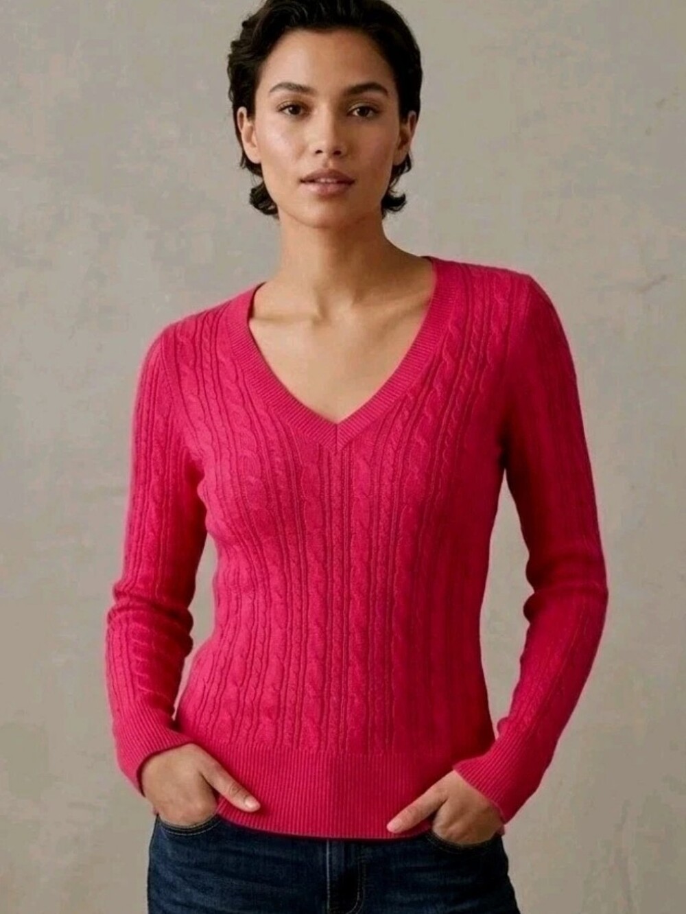 Y2K American Eagle Vintage Red Chunky Cable Knit V Neck Long Sweater Bella Swan
